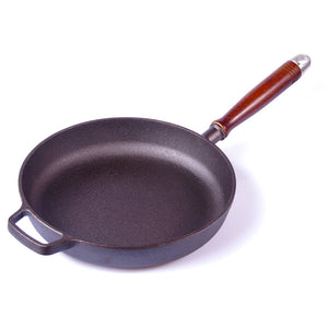 Pre-Seasoned 29cm Cast Iron Fry Pan Cookware | Heat-Resistant Wooden Handle