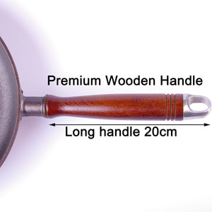 Pre-Seasoned 29cm Cast Iron Fry Pan Cookware | Heat-Resistant Wooden Handle