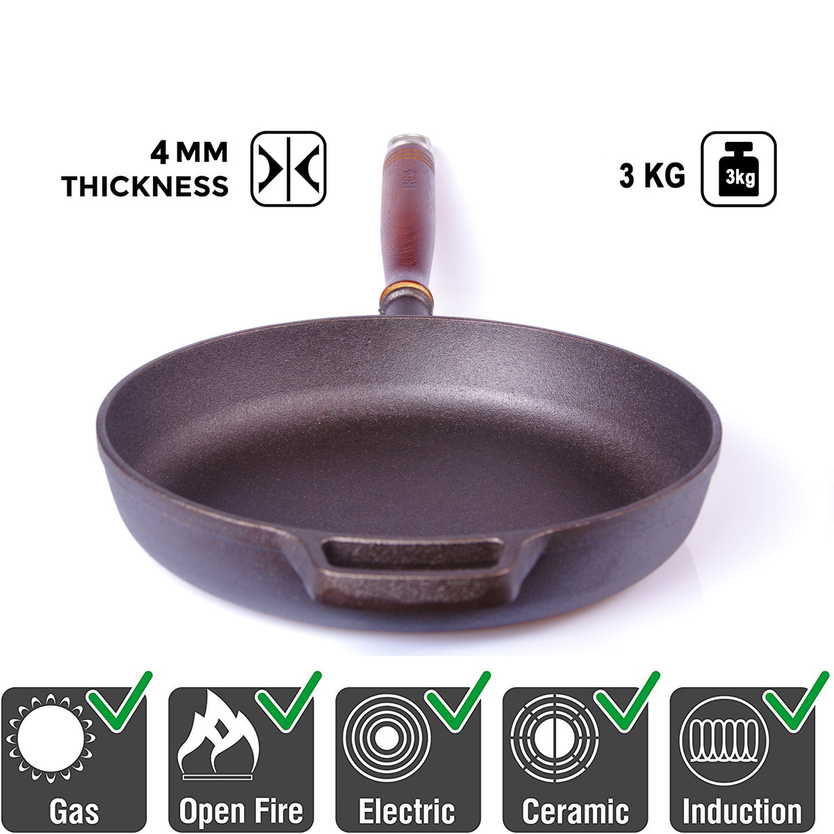 Pre-Seasoned 29cm Cast Iron Fry Pan Cookware | Heat-Resistant Wooden Handle