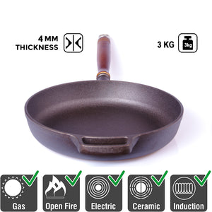 Pre-Seasoned 29cm Cast Iron Fry Pan Cookware | Heat-Resistant Wooden Handle