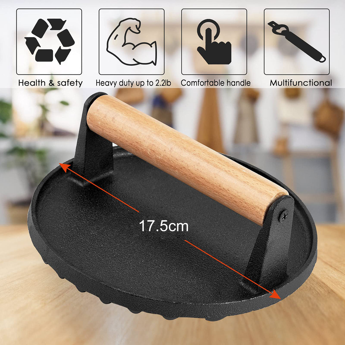 Heavy Duty Round Cast Iron Grill Burger Press | Pre-Seasoned | Ideal for BBQ Grilling