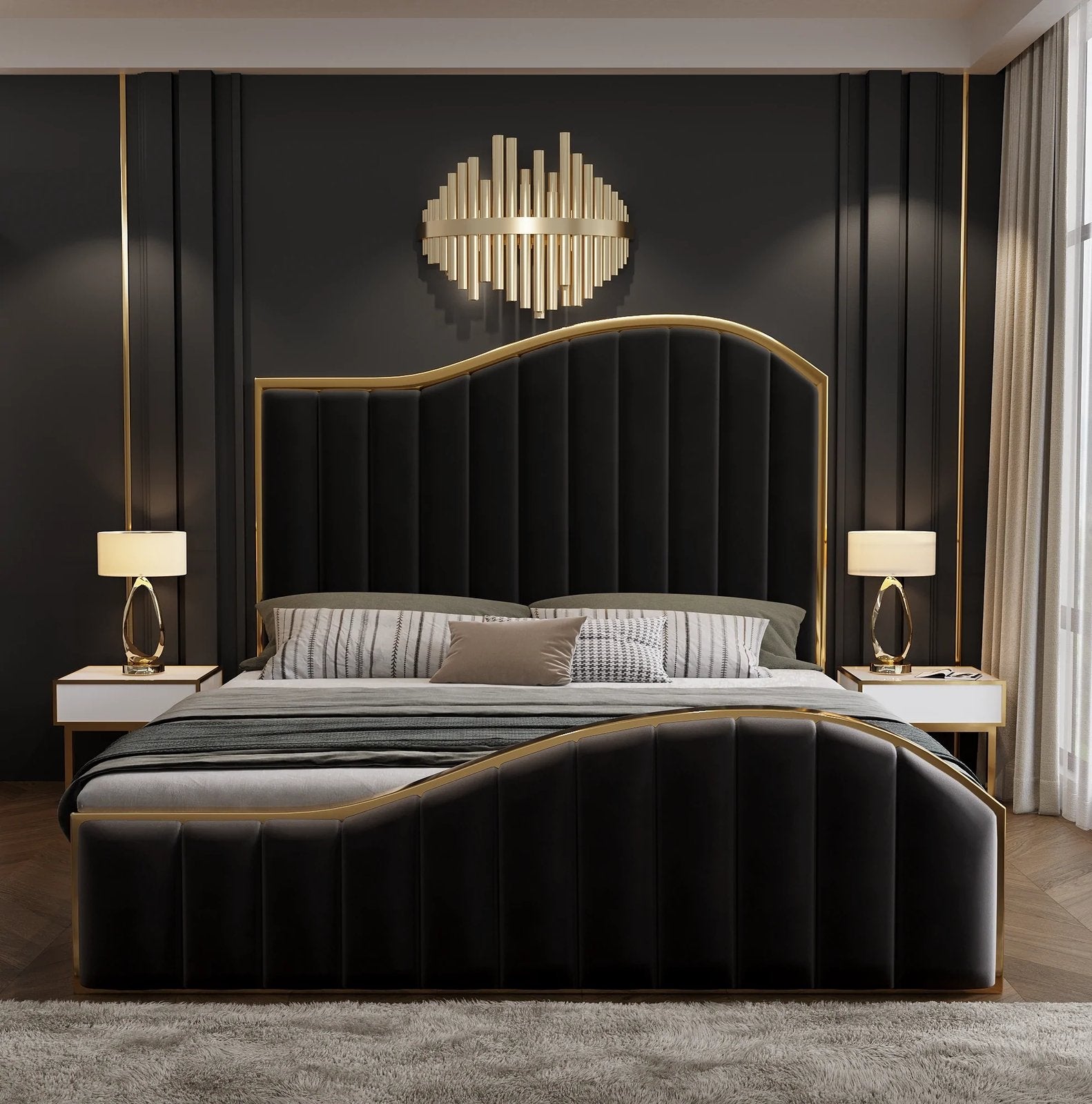 King Size Velvet Fabric Bedframe | Golden Trim | Black