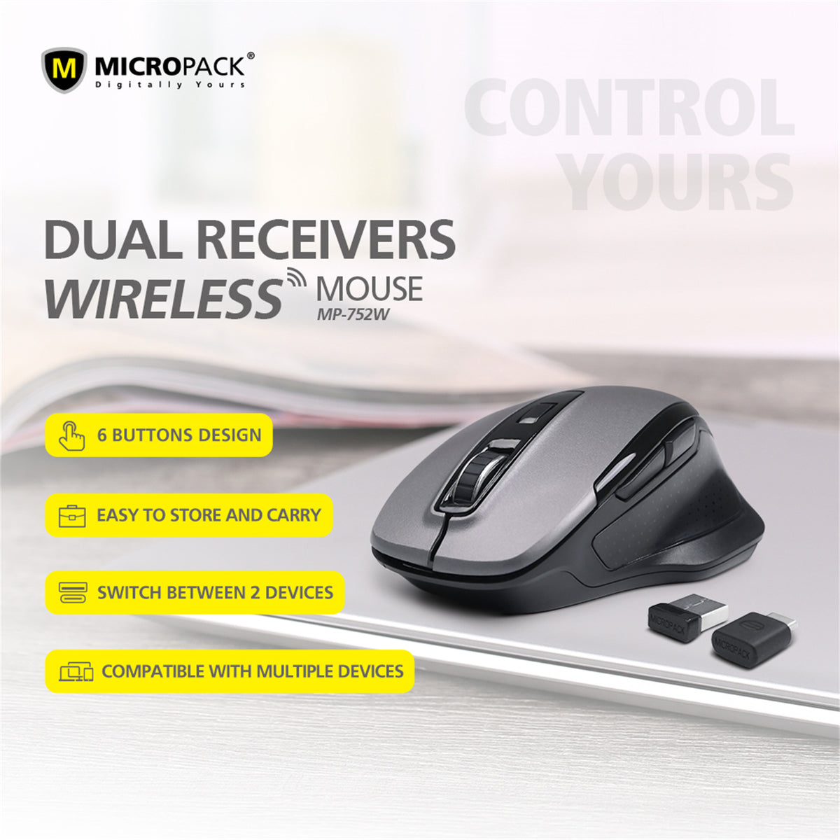 USB C USB A Wireless Mouse Dual Receivers MP-752W-GY