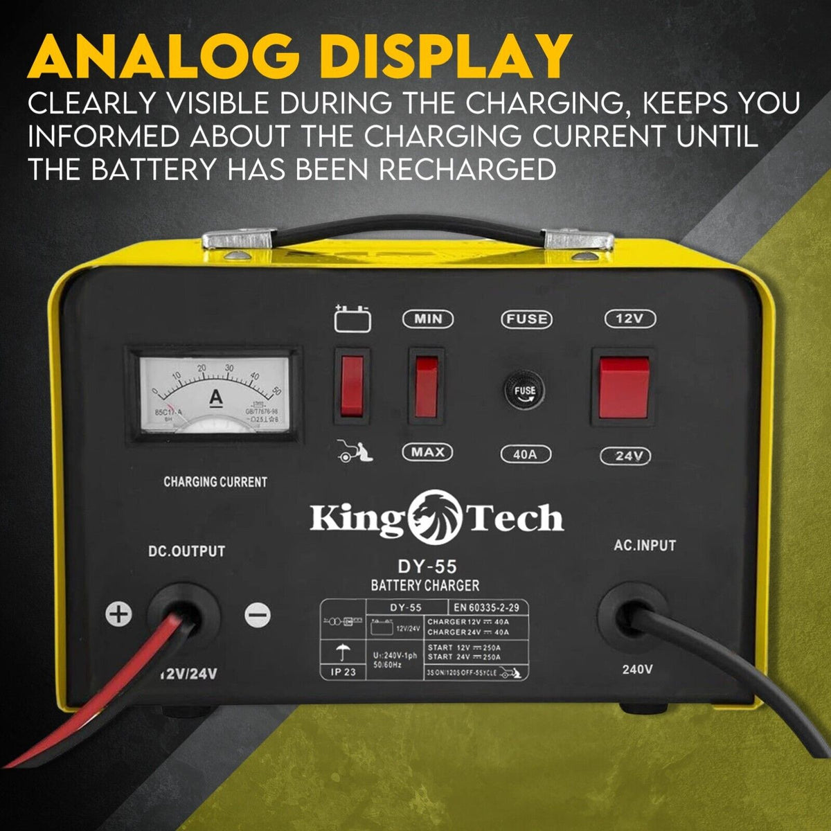 Kingtech 2in1 Battery Charger Jump Starter - Dual Heavy Duty Car Charger - 40Amp