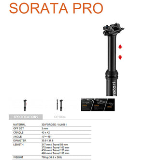 Satori Sorata Pro Dropper Seat Post | Internal Cable | 31.6 Diameter | 125mm Travel | MTB Trekking Bike