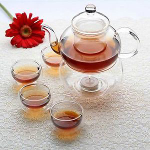 Gongfu Chinese Ceremony Tea Set with 6 Glass Cups, Infuser, and Tealight Candle Pot Warmer