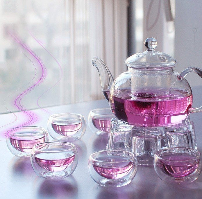 Gongfu Chinese Ceremony Tea Set with 6 Glass Cups, Infuser, and Tealight Candle Pot Warmer