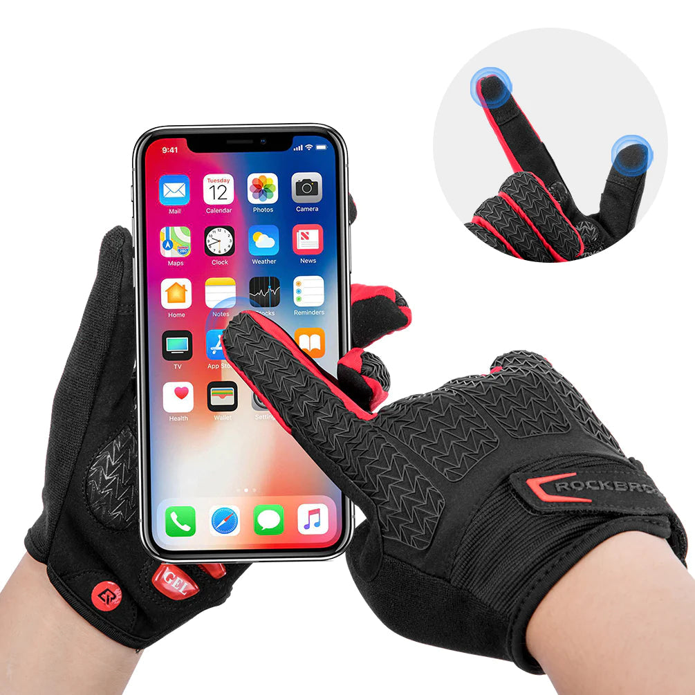 Full Finger MTB Gloves | Large Size | Mountain Road Bike | Breathable Red | Rockbros Unisex | Device Friendly Finger Material | Anti Slip