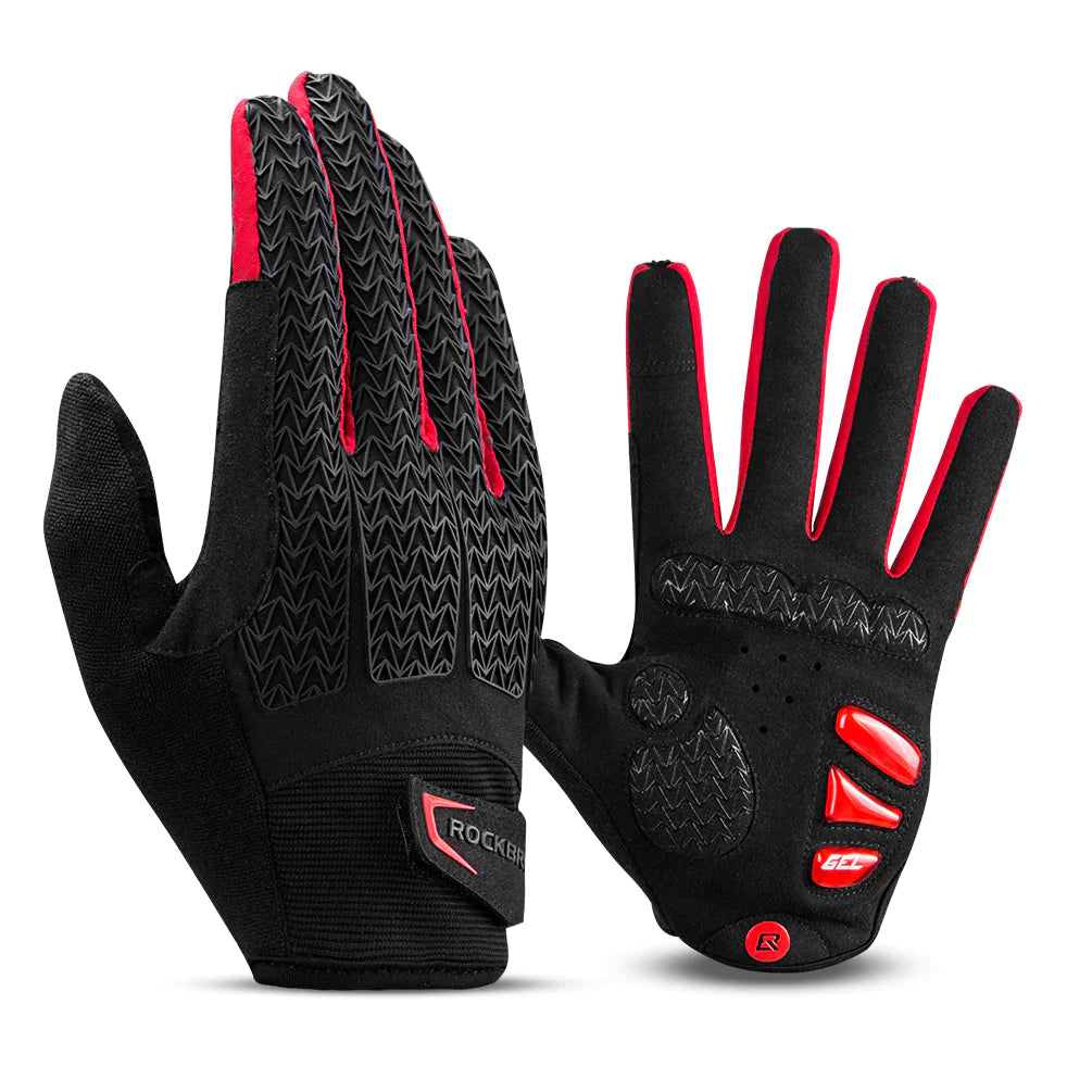Full Finger MTB Gloves | Medium Size | Mountain Road Bike | Breathable Red | Rockbros Unisex | Device Friendly Finger Material | Anti Slip