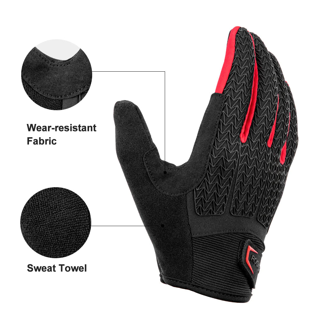 Full Finger MTB Gloves | Medium Size | Mountain Road Bike | Breathable Red | Rockbros Unisex | Device Friendly Finger Material | Anti Slip