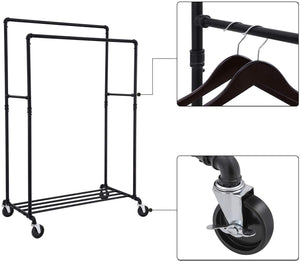 Industrial Pipe Clothes Rack with Double Hanging Rail | Load Capacity of 110 Kg | On Wheels by