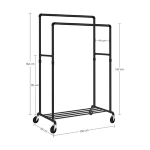 Industrial Pipe Clothes Rack with Double Hanging Rail | Load Capacity of 110 Kg | On Wheels by