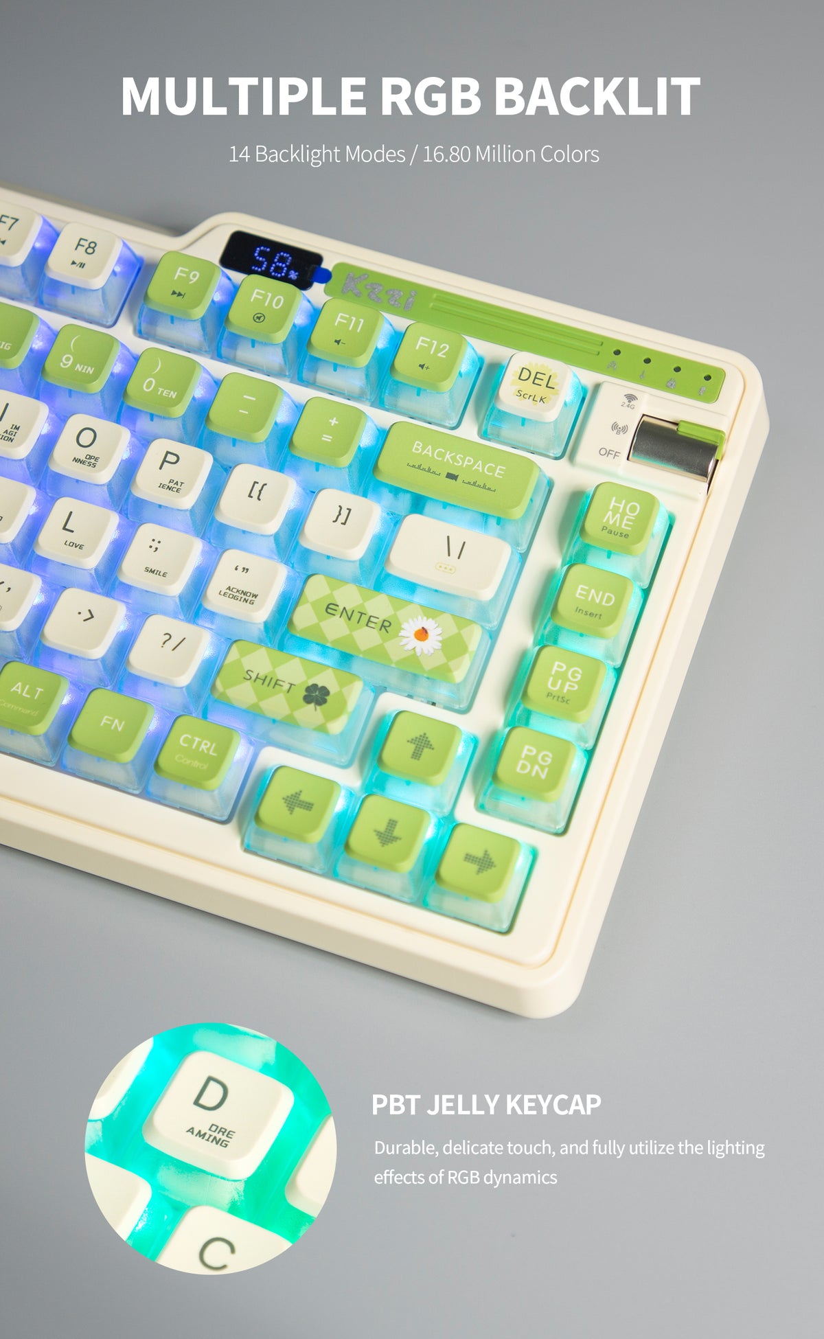KZZI K75 PRO RGB 75% Wireless Gasket Mechanical Lemon Green Keyboard - Triple Mode, Eternity Tactile Switch