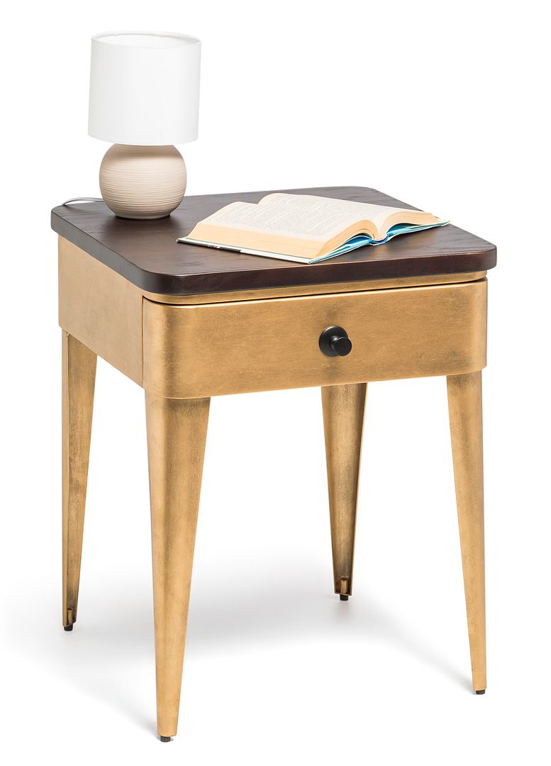 Modern Bedside Table with Storage Drawer in Brass Finish and Wood Top