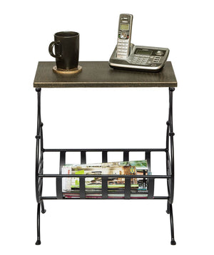 Black Iron Narrow Side Table with Magazine Storage and Gold Finish Top
