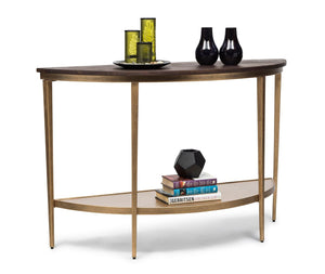 French Brass Half Round Hallway Console Table with Wood Top in Dark