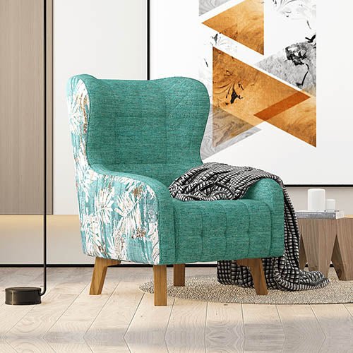 Designer Printed Fabric Arm Chair With Wooden Leg