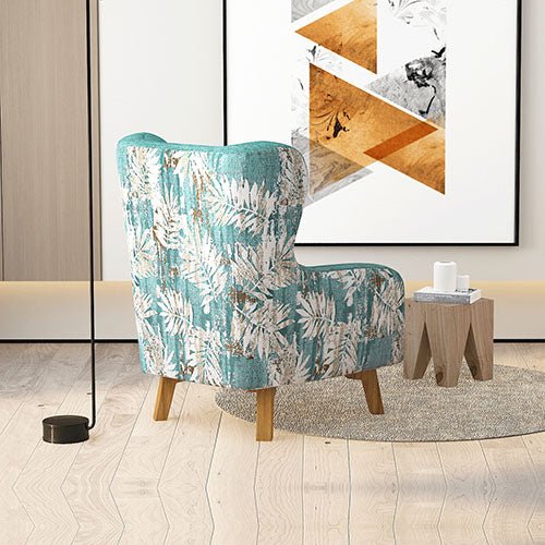 Designer Printed Fabric Arm Chair With Wooden Leg