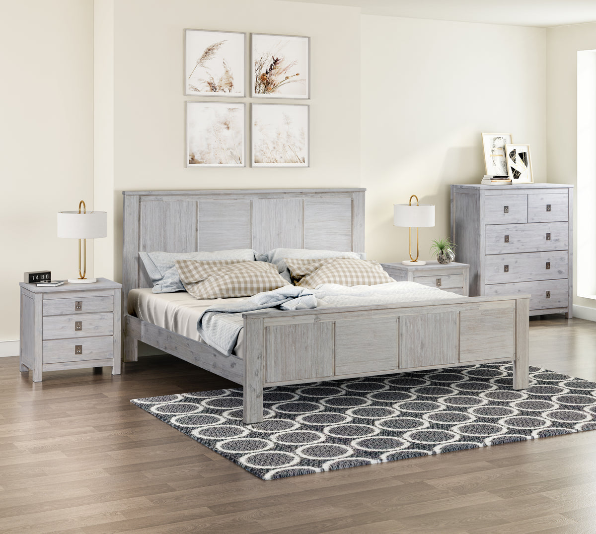 4-Piece Bedroom Suite in Queen Size White Ash Color - Bed, Bedside Table, Tallboy
