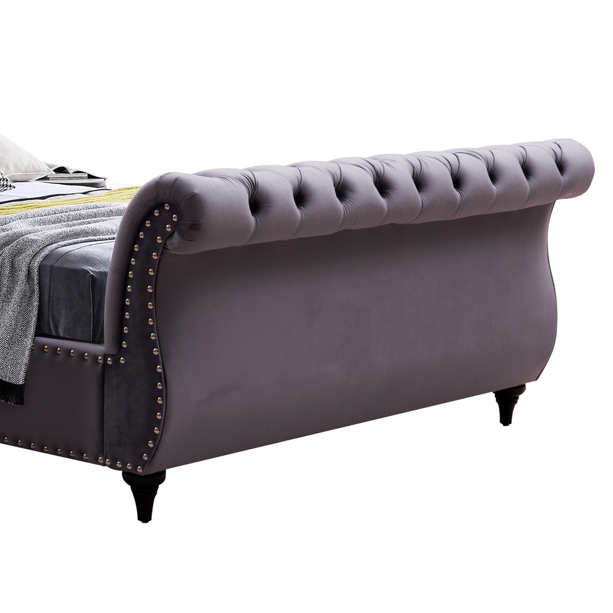 Queen Size Sleigh Bedframe with Grey Velvet Upholstery