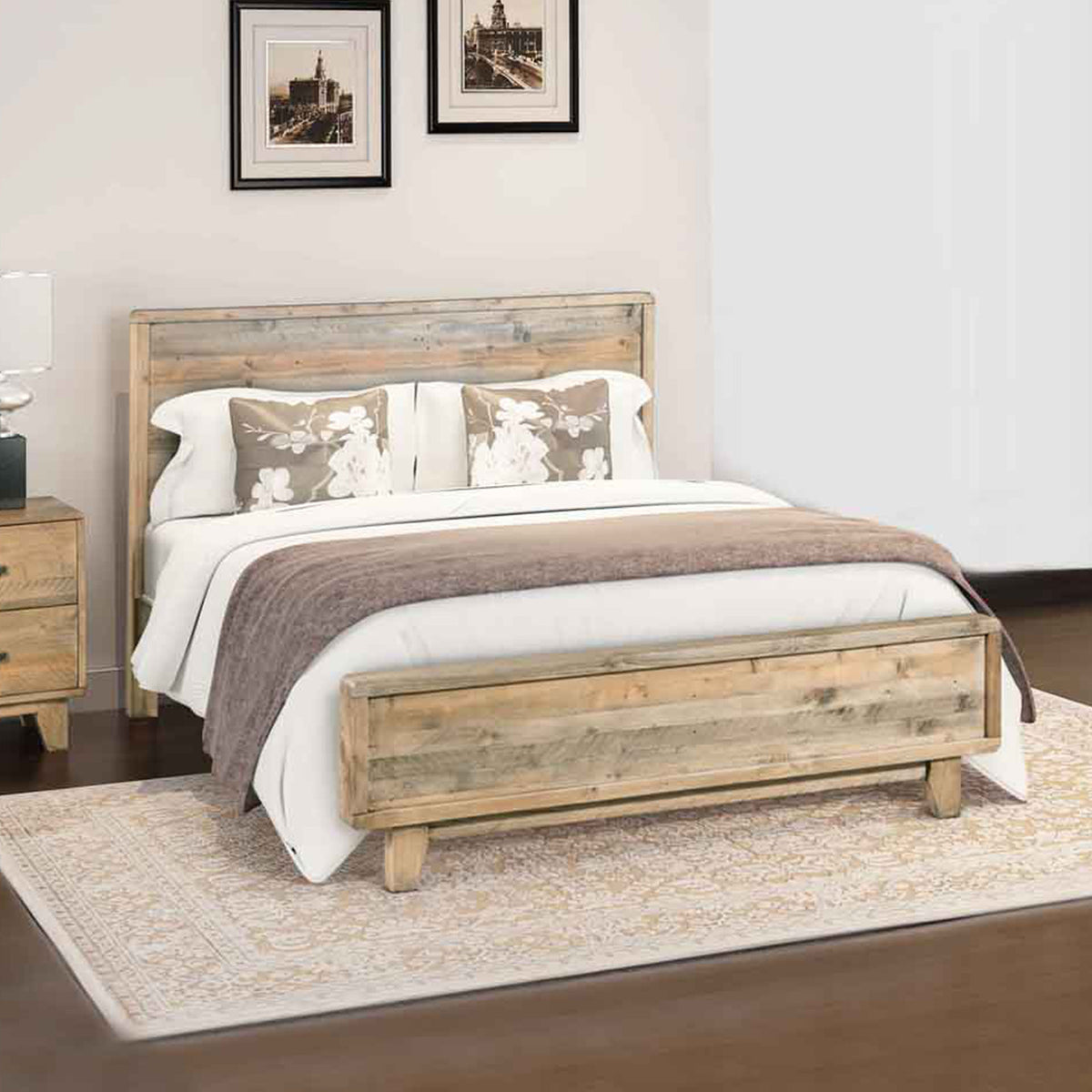 Double Wooden Bed Frame | Solid Wood Antique Design (Light Brown)