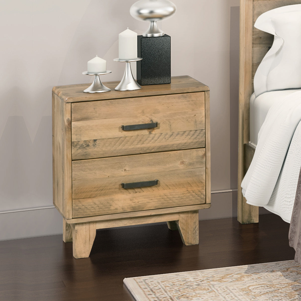 Bedside Table with 2 Drawers | Solid Wood | Light Brown