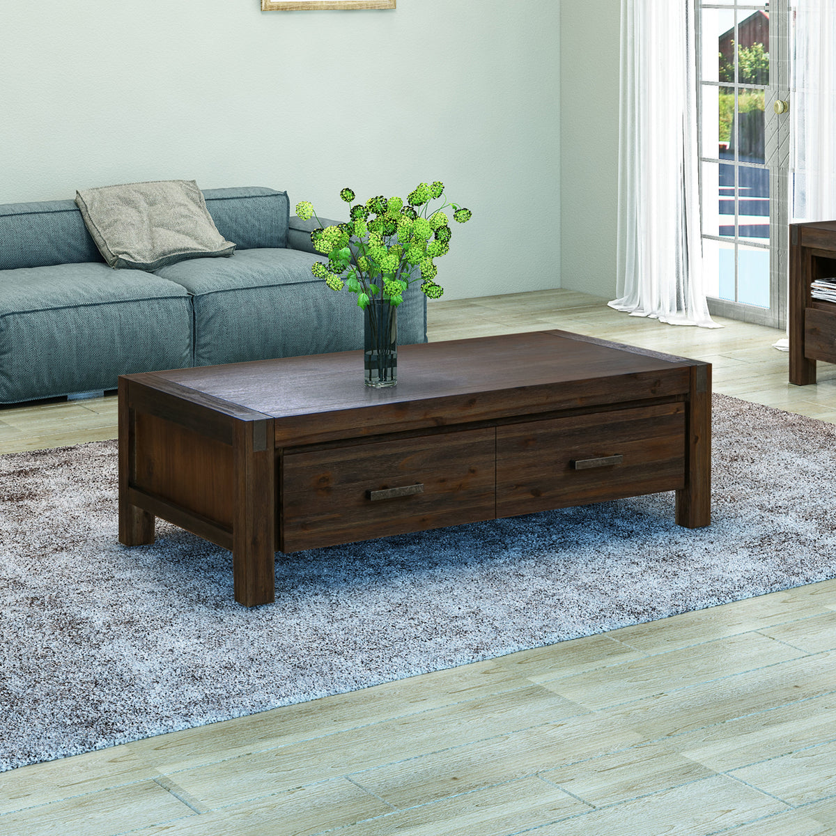 Solid Acacia Wood Coffee Table | Chocolate Finish | 1-Drawer Storage