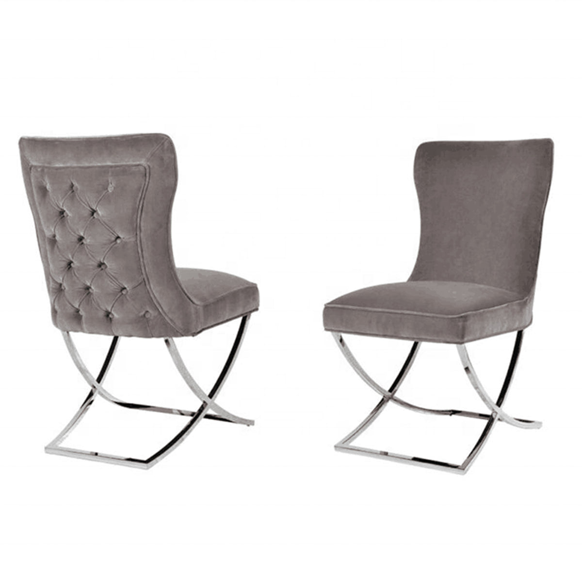 Dining Chairs | 2X | Grey Fabric Upholstery | Beautiful Quilting | Shiny Silver Legs