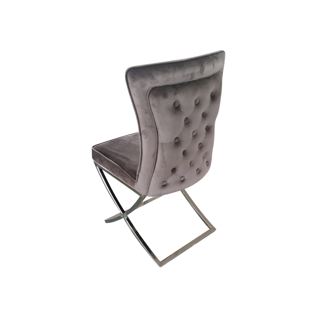 Dining Chairs | 2X | Grey Fabric Upholstery | Beautiful Quilting | Shiny Silver Legs