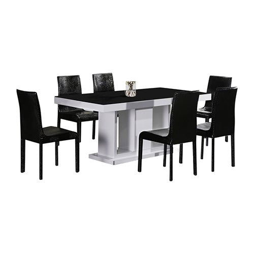 7 Pieces Dining Suite Dining Table & 6X Black Chairs in Rectangular Shape High Glossy MDF Wooden Base Combination of Black & White Colour