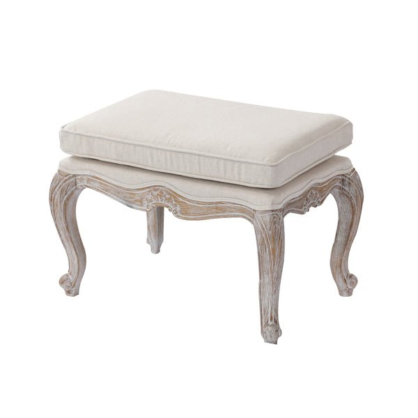 Beige Linen Fabric Ottoman With Oak Wood Legs