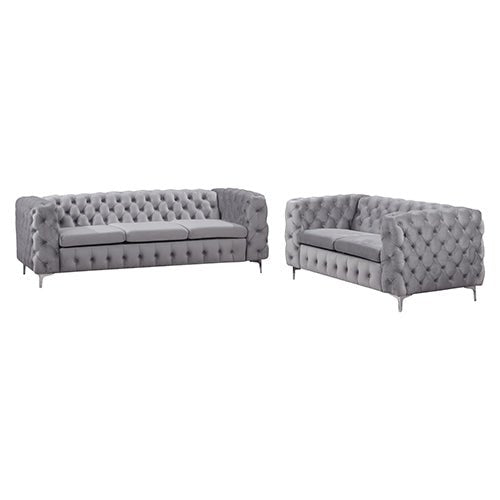 Grey Velvet 3+2 Seater Classic Button Sofa Lounge