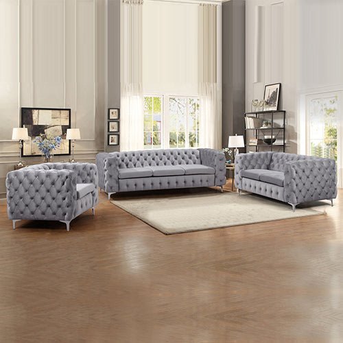 Grey Velvet 3+2+1 Seater Classic Button Tufted Sofa Lounge