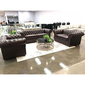 3+2+1 Seater Genuine Brown Leather Upholstery Button Studding Sofa Lounge Set