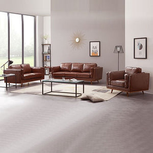 3+2 Seater Brown Leather Sofa Lounge Set With Wooden Frame