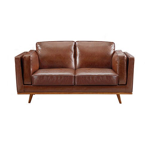 3+2 Seater Brown Leather Sofa Lounge Set With Wooden Frame