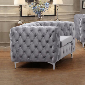 Single Seater Grey Sofa Classic Velvet Button Tufted Armchair With Metal Legs