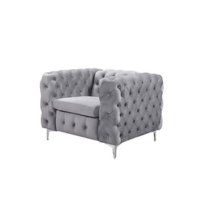 Single Seater Grey Sofa Classic Velvet Button Tufted Armchair With Metal Legs