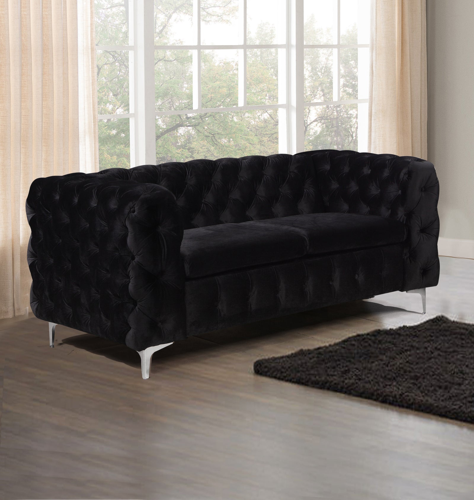 Classic Black Velvet Fabric 2 Seater Button Tufted Sofa with Metal Legs