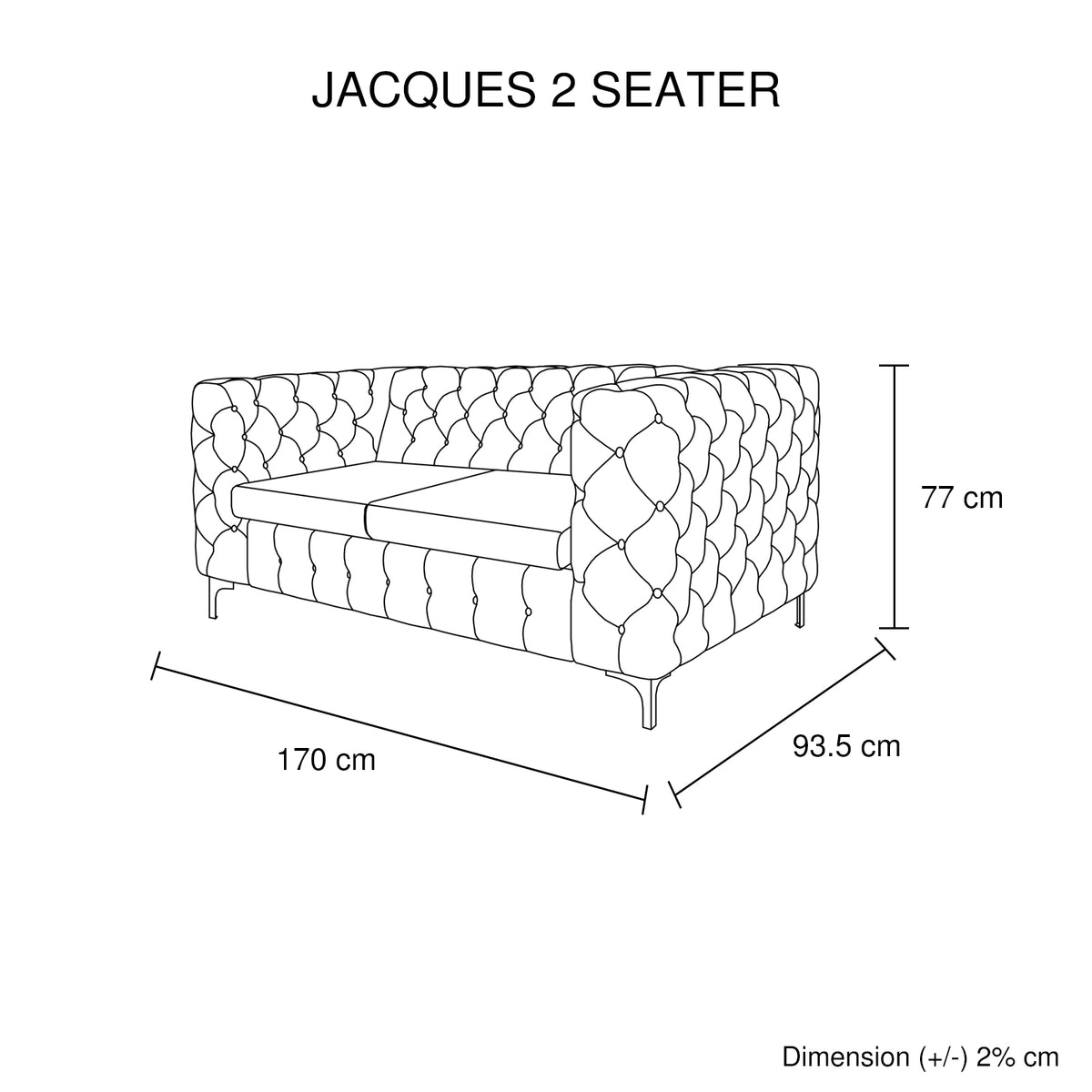 Classic Black Velvet Fabric 2 Seater Button Tufted Sofa with Metal Legs