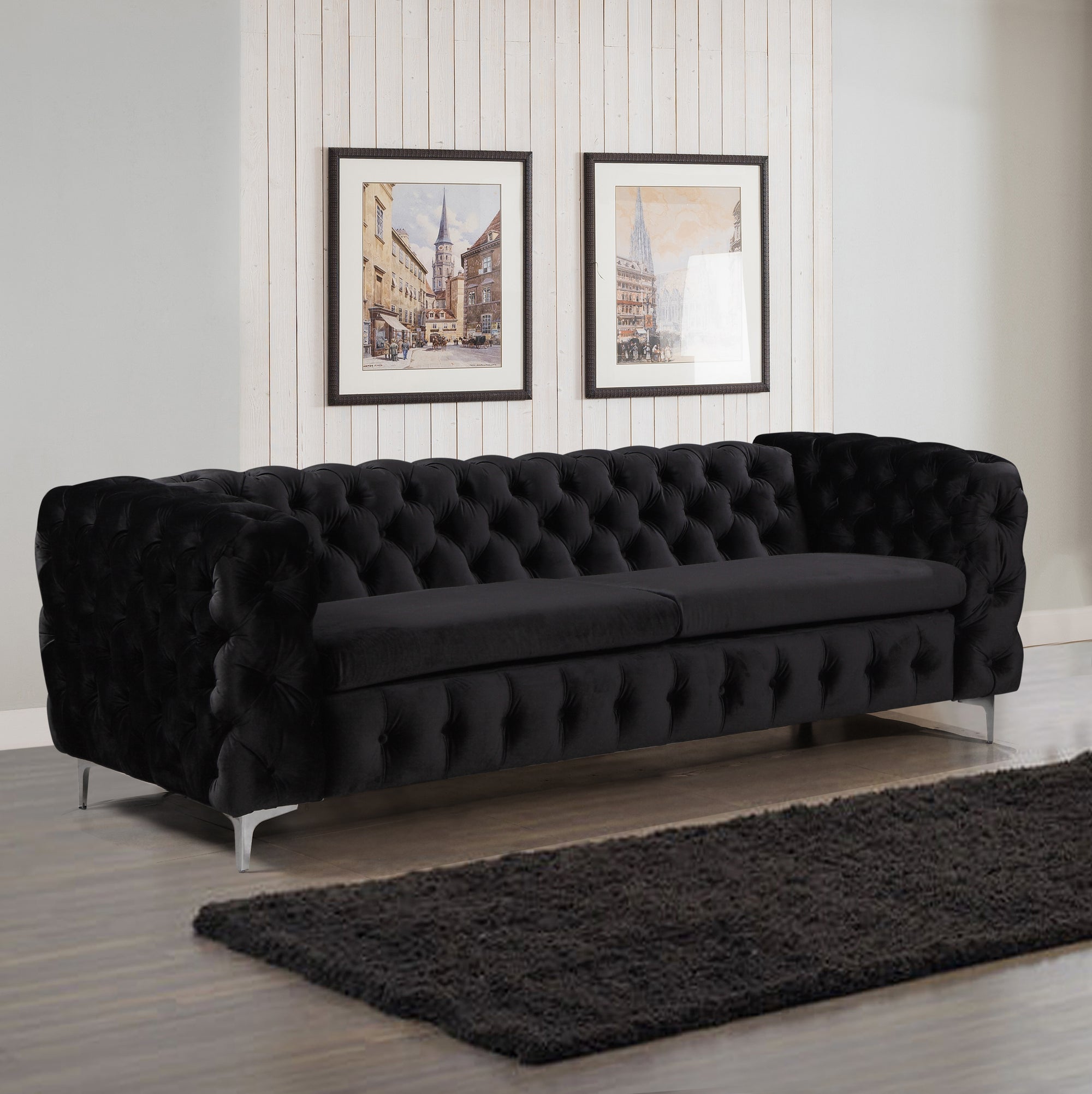 Classic Black Velvet Fabric 3 Seater Button Tufted Sofa with Metal Legs