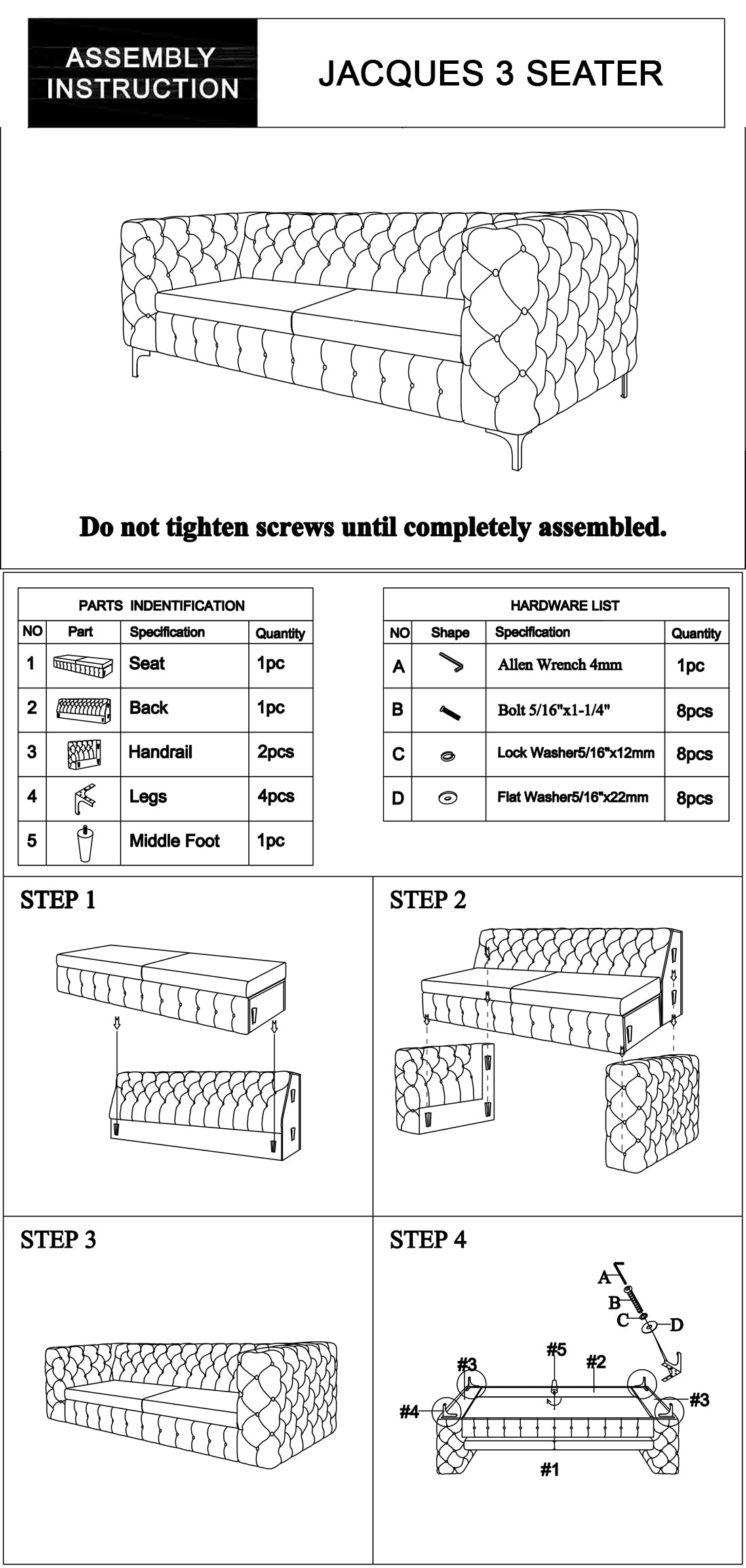 Classic Black Velvet Fabric 3 Seater Button Tufted Sofa with Metal Legs