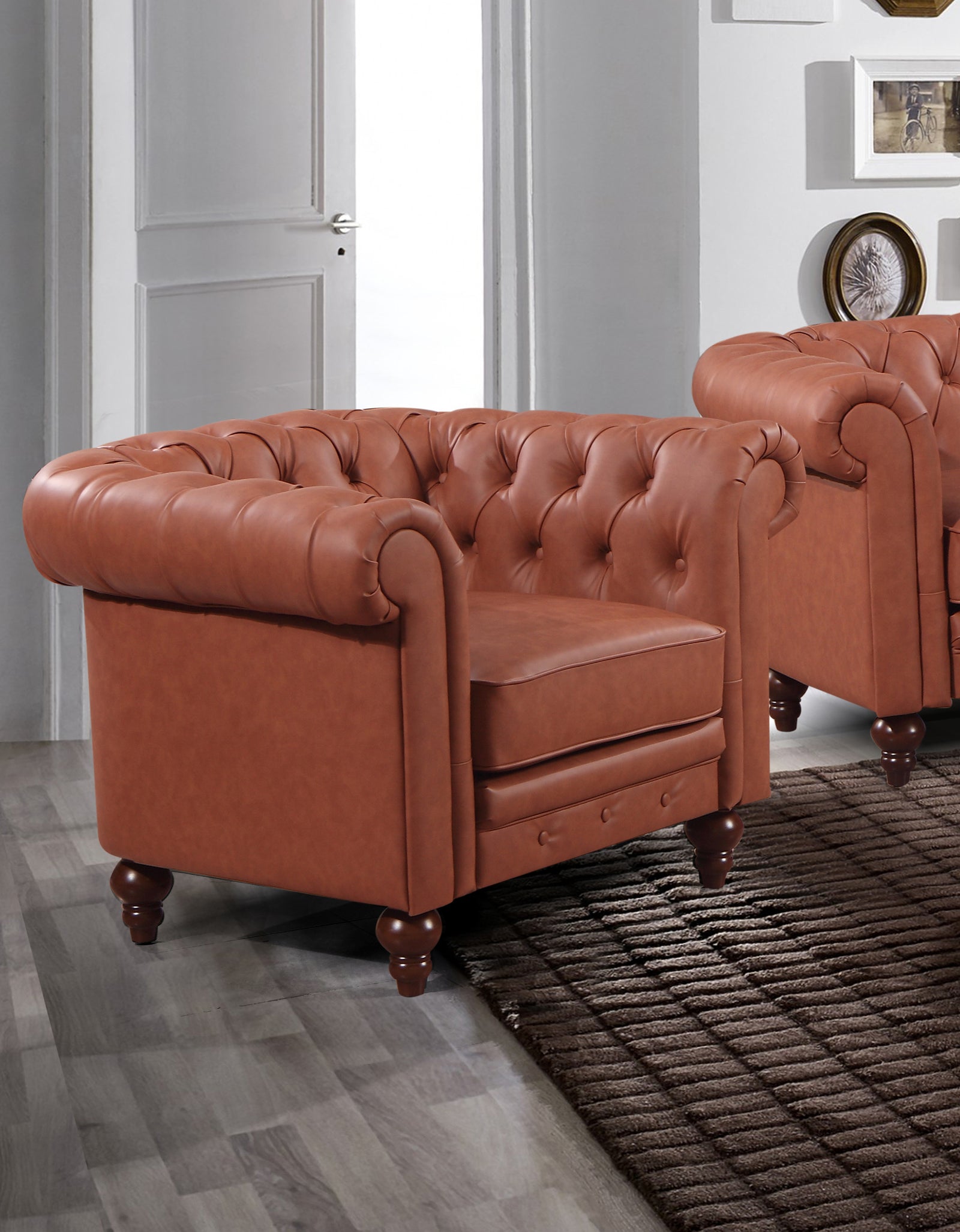 Single Seater Brown Faux Leather Sofa Armchair with Button Tufting
