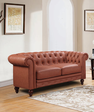 Brown Chesterfield Style 2 Seater Faux Leather Sofa with Button Tufting