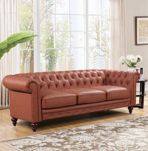 Brown Chesterfield Style 3 Seater Faux Leather Sofa with Button Tufting