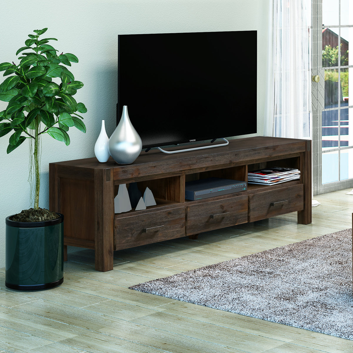 TV Cabinet with 3 Storage Drawers | Solid Acacia Wooden Frame | Chocolate Colour