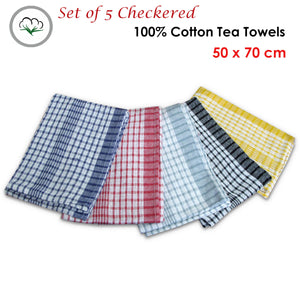 Hotel Living Checkered Set of 5 Cotton Tea Towels | Classic Tea Towel Set