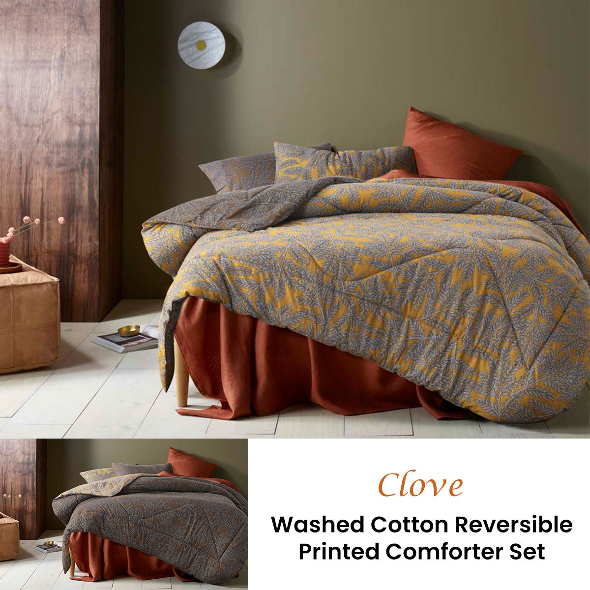 Accessorize Clove Washed Cotton Comforter Set - King | Reversible