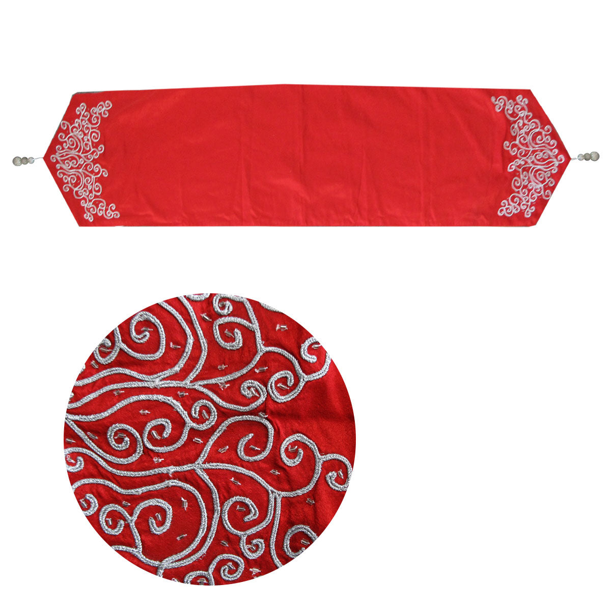 Eve Red Silver Embroidered Faux Silk Table Runner | 33 x 135 cm