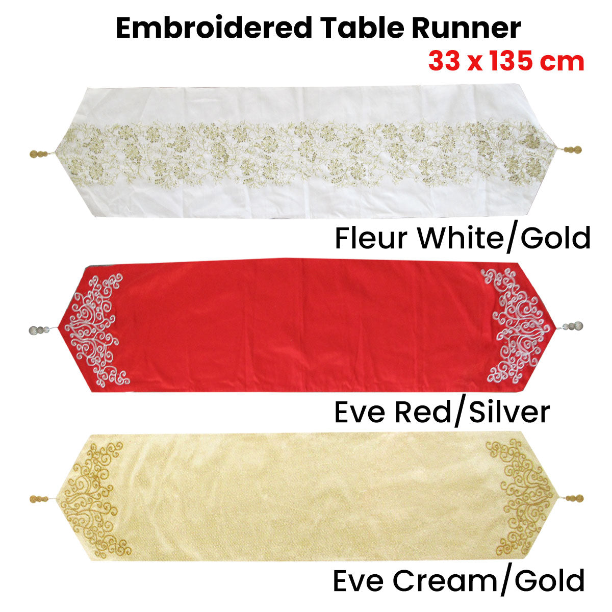 Eve Red Silver Embroidered Faux Silk Table Runner | 33 x 135 cm